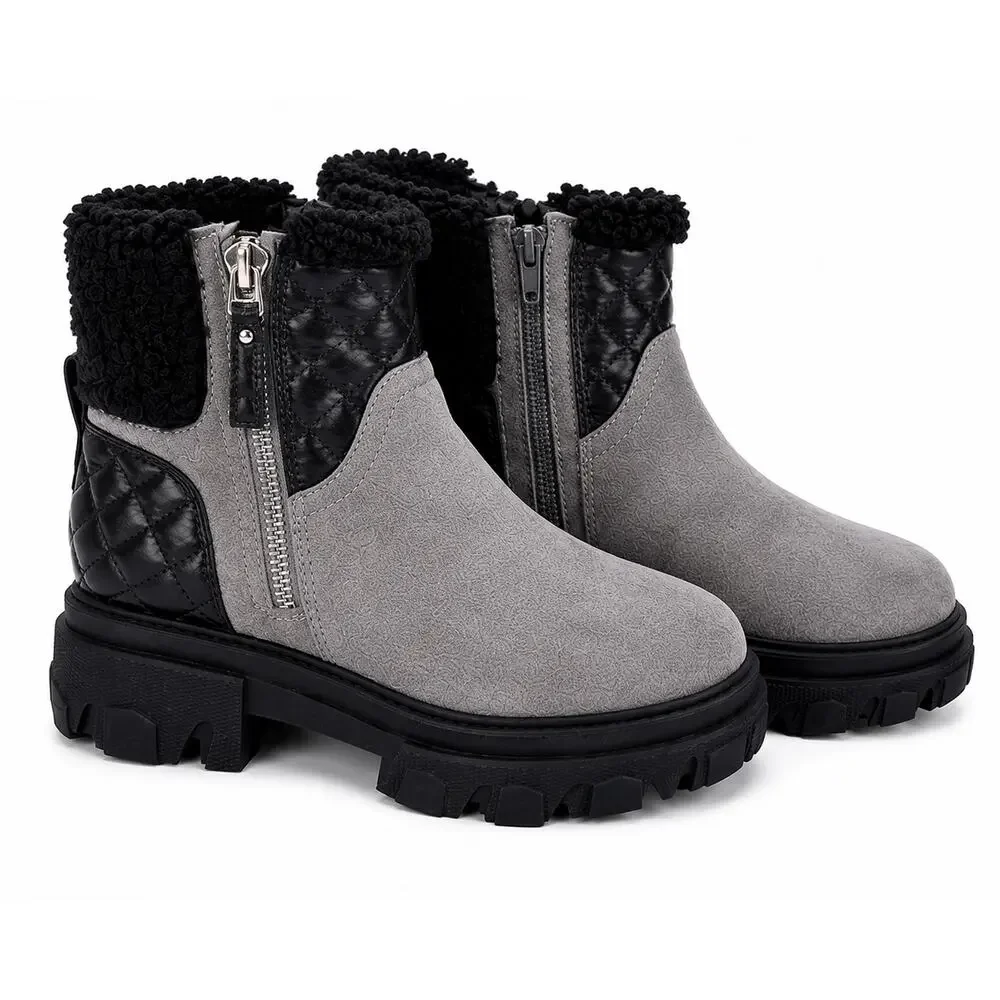 Nine West Women’s Size 7M Gray Ankle Boots Faux Fur Quilted Chunky Lug Sole New